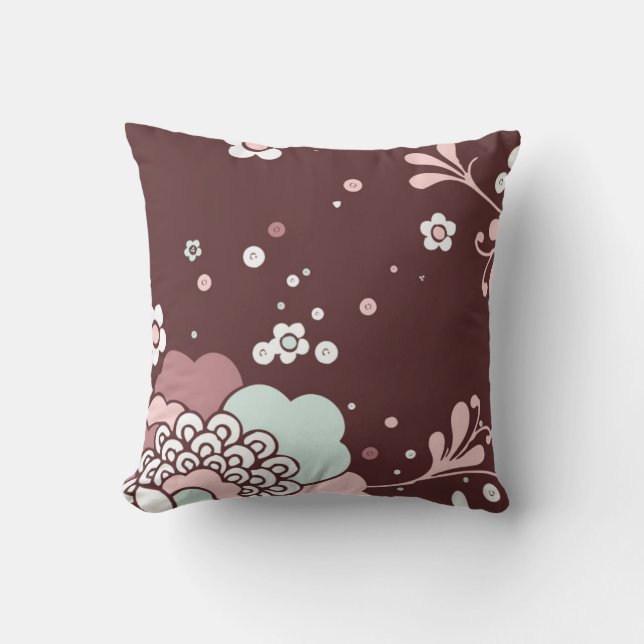 Retro Floral Design Brown, Blue And Pink Accents Cushion (Front)