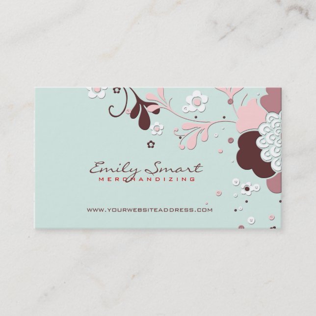 Retro Floral Design Brown Blue And Pink Business Card (Front)