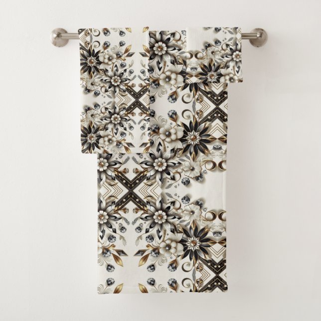 Retro Floral Diamond Mid Century Modern Bath Towel Set (Insitu)