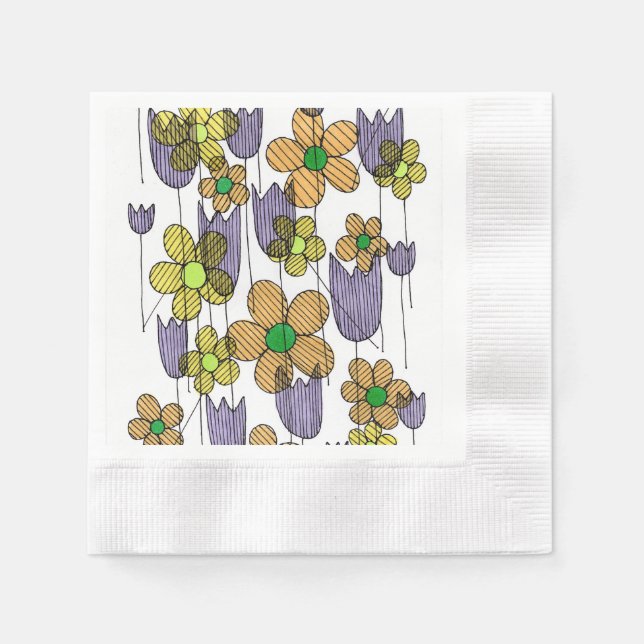 Retro Floral Doodle Hand-Drawn Pattern Paper Napki Napkin (Front)