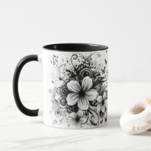 retro floral elegant black flowers coffee mug