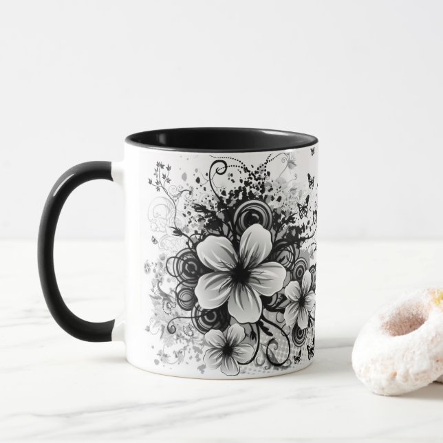 retro floral elegant black flowers coffee mug (With Donut)