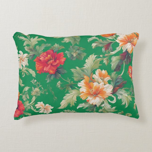 Retro Floral Elegant Patterned Flowers Green Decorative Cushion (Front)