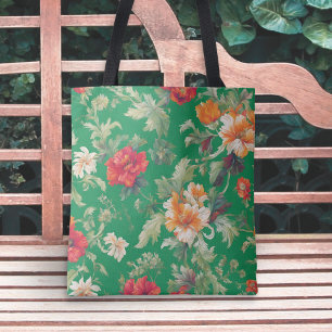 Retro Floral Elegant Patterned Flowers Green Tote Bag
