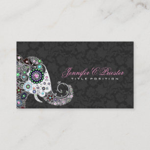 Retro Floral Elephant & Black Damasks Business Card