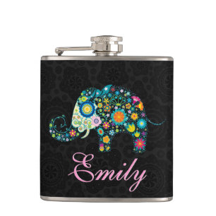 Retro Floral Elephant Design Hip Flask