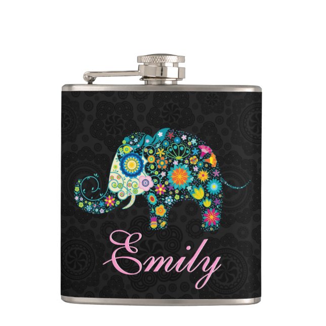 Retro Floral Elephant Design Hip Flask (Front)