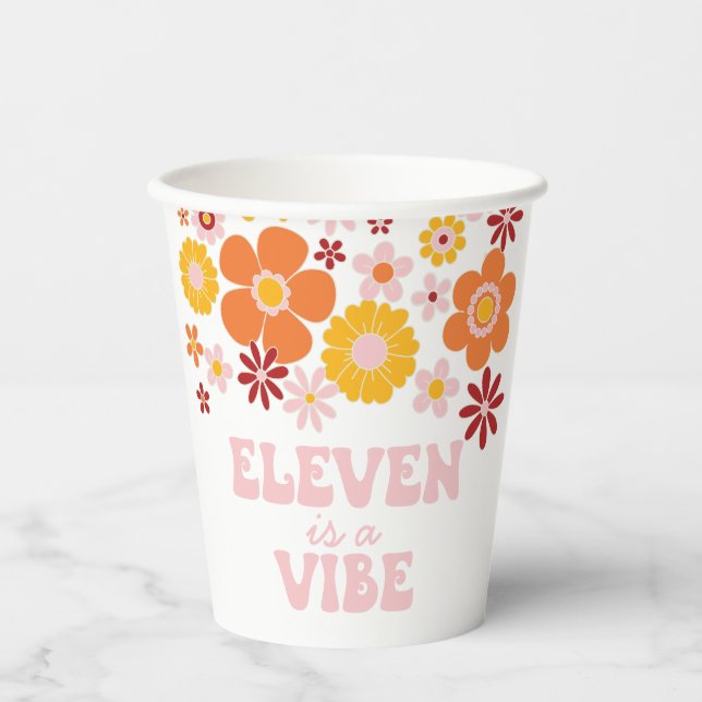 Retro Floral Eleven is a Vibe 11th Birthday Paper Cups (Front)