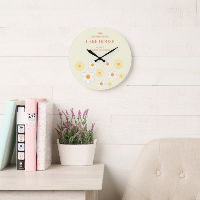 Retro Floral family name Large Clock (Reading Room)