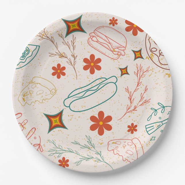 Retro Floral Fast Food Pattern Paper Plate (Front)