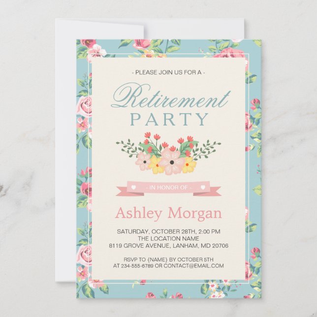 Retro Floral Feminine Women's Retirement Party Invitation (Front)