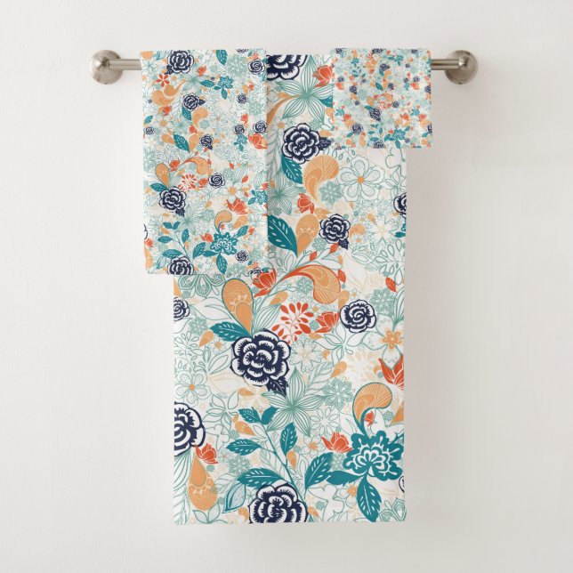 Retro Floral Flower Seamless Pattern Bath Towel Set (Insitu)