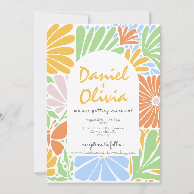 Retro Floral Frame Colourful Wedding Invitation (Front)