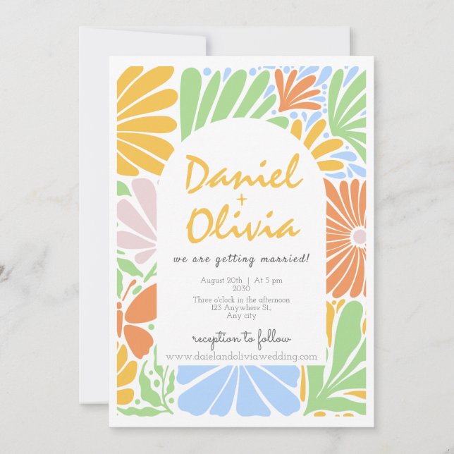 Retro Floral Frame Colourful Wedding Invitation (Front)