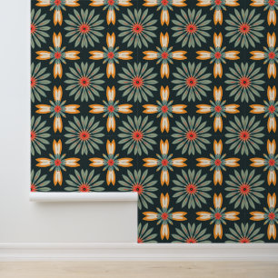 Retro Floral Geometric Pattern in Earth Tones Wallpaper