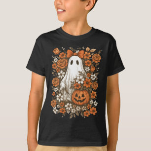 Retro Floral Ghost Cute Pumpkin Autumn Halloween W T-Shirt