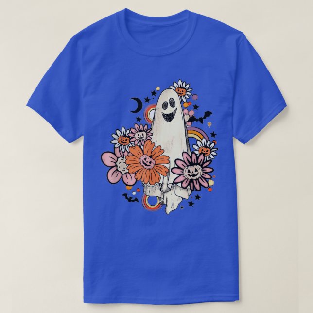 Retro Floral Ghost Hippie Halloween Costume Groovy T-Shirt (Design Front)