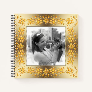 retro floral golden frame. text. notebook