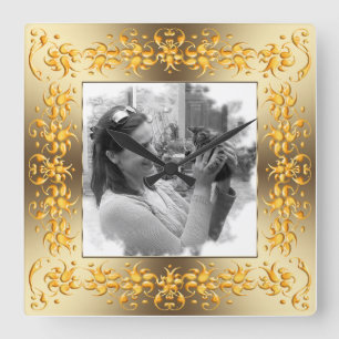 retro floral golden frame. your photo. square wall clock