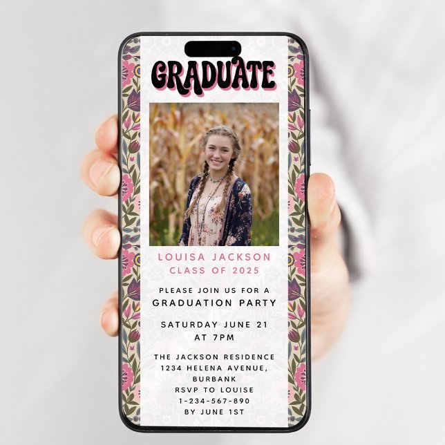 Retro Floral Graduation Party Digital Evite Invitation (Creator Uploaded)