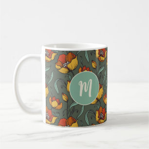 Retro Floral Green Gold Orange Monogram Coffee Mug