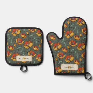 Retro Floral Green Gold Orange Personalised Oven Mitt & Pot Holder Set