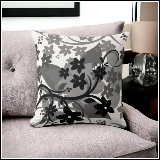 [Retro Floral] Grey Grey Botanical Graphic Design Cushion (Choose from 8 Different Color Variations)