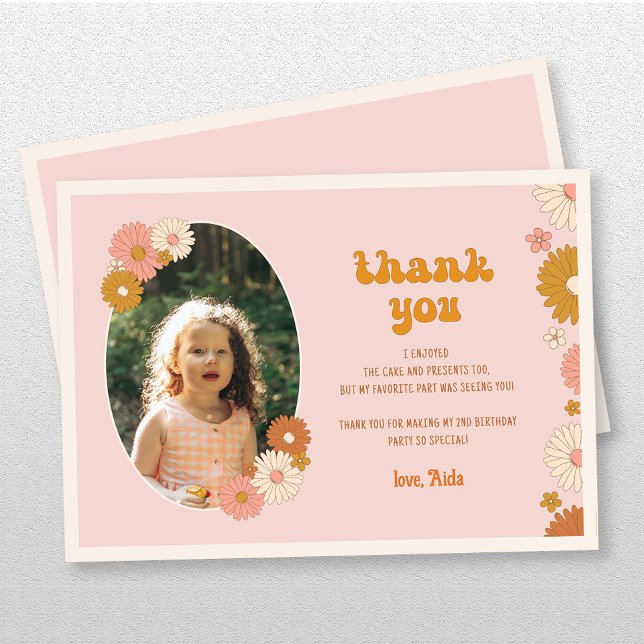 Retro Floral Groovy 2nd Birthday Thank You Card (Creator Uploaded)