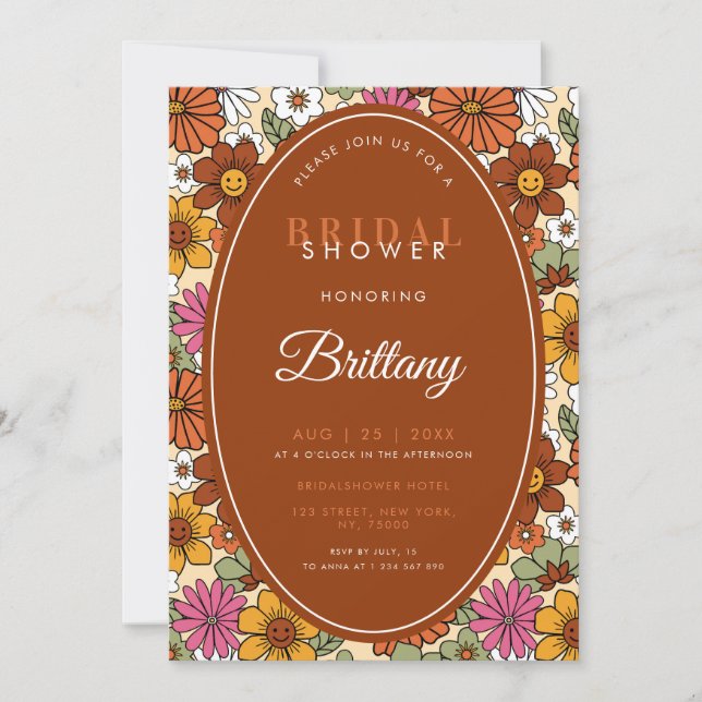Retro Floral Groovy Hippie Daisy 70s Bridal Shower Save The Date (Front)