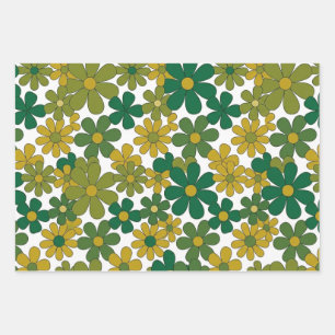 Retro Floral Groovy Sage & Gold Wrapping Paper