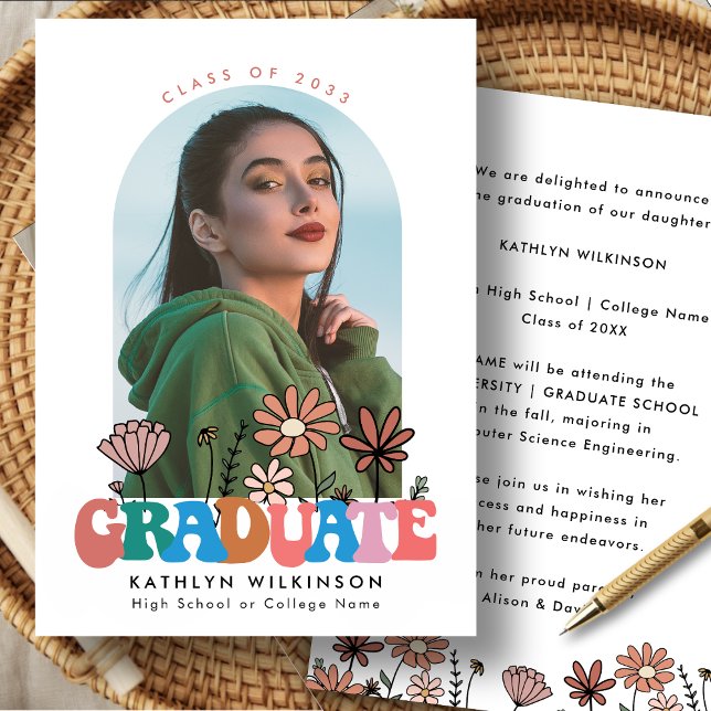 Retro Floral Groovy Script Arch Photo Graduations Announcement (Creator Uploaded)