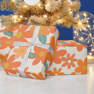 Retro floral groovy tan orange wrapping paper