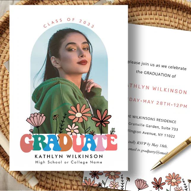 Retro Floral Groovy Typography Photo Graduation Invitation | Zazzle