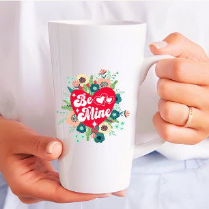 Retro Floral Heart Be Mine Red Valentine's Day Latte Mug