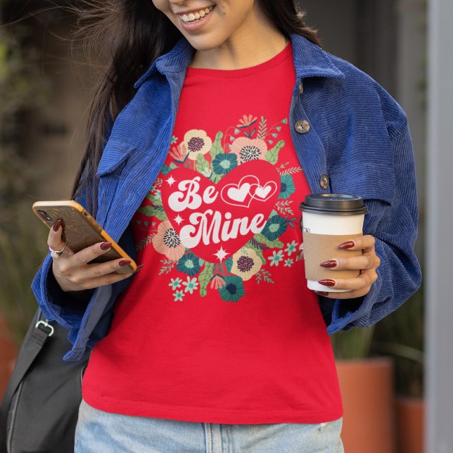 Retro Floral Heart Be Mine Red Valentine's Day T-Shirt (Creator Uploaded)