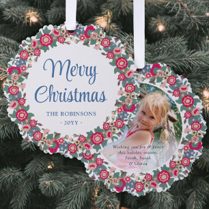 Retro Floral Holiday Wreath Merry Christmas Photo Tree Decoration Card