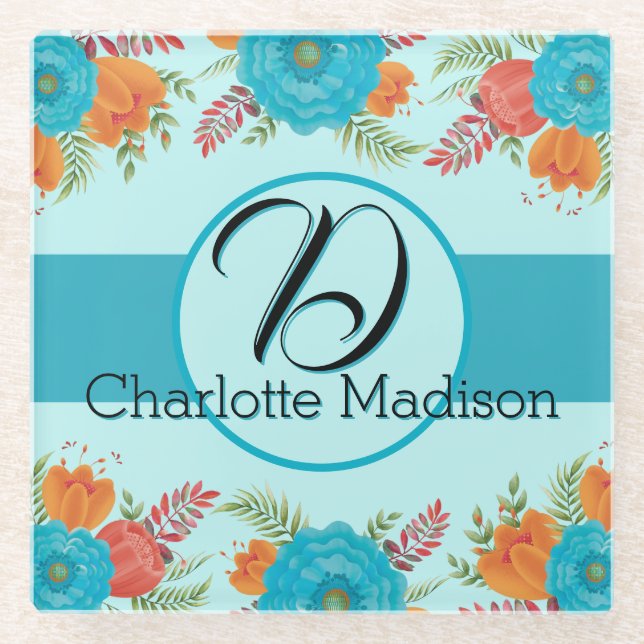 Retro Floral Home Decor Office Monogram Name Glass Coaster (Front)