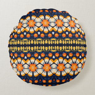 Retro Floral Illustration in Orange Round Cushion