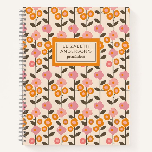 Retro Floral Leaf Pattern Monogram Notebook (Front)