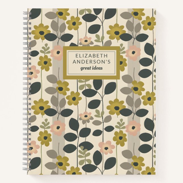 Retro Floral Leaf Pattern Monogram Notebook (Front)