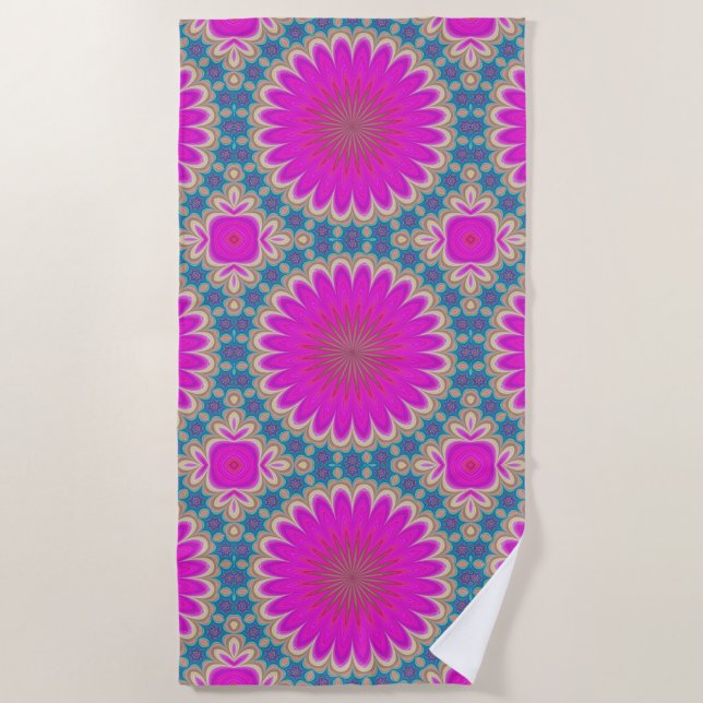 Retro Floral Mandala Psychedelic Flower Power Beach Towel (Front)
