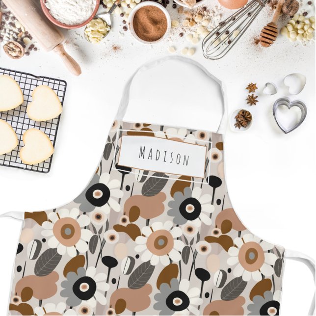 Retro Floral Mid-Century Modern Name Apron (Whether you're baking, painting, or gardening, this personalized apron adds flowers to your day!)