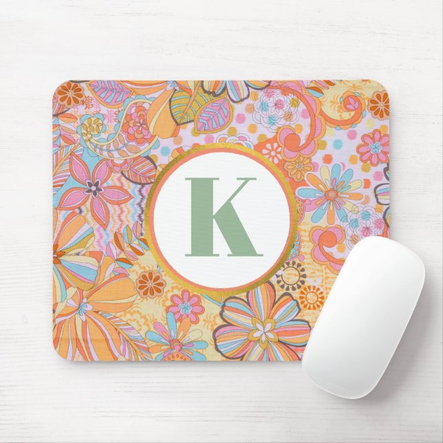 Retro Floral Monogram Groovy Pattern Mouse Mat (With Mouse)