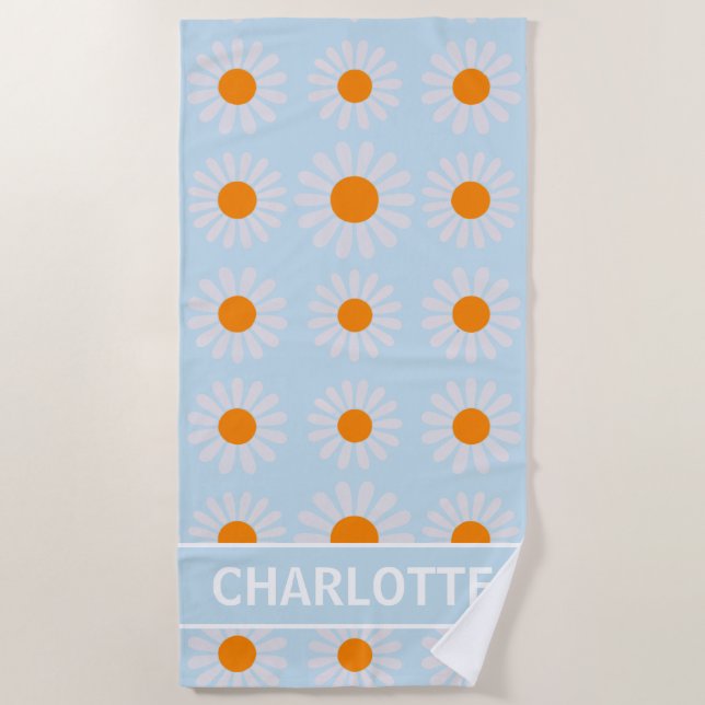 Retro Floral Monogram Orange blue white  Beach Towel (Front)