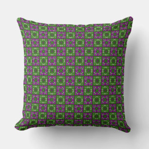Retro Floral Mosaic pattern Green and Purple Cushion