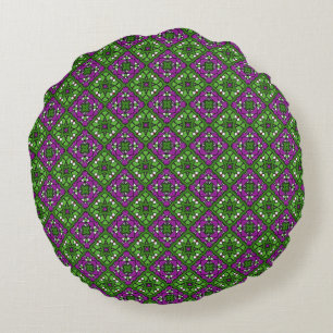 Retro Floral Mosaic pattern Green and Purple Round Cushion