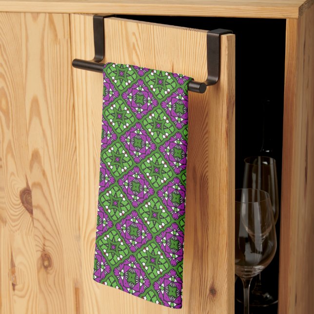 Retro Floral Mosaic pattern Green and Purple Tea Towel (Thirds Fold)