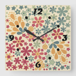 Retro. Floral motifs Square Wall Clock