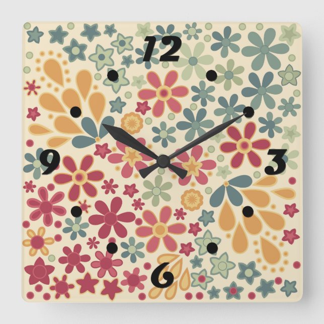 Retro.  Floral motifs Square Wall Clock (Front)