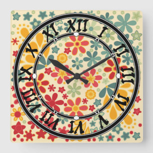 Retro.  Floral motifs Square Wall Clock